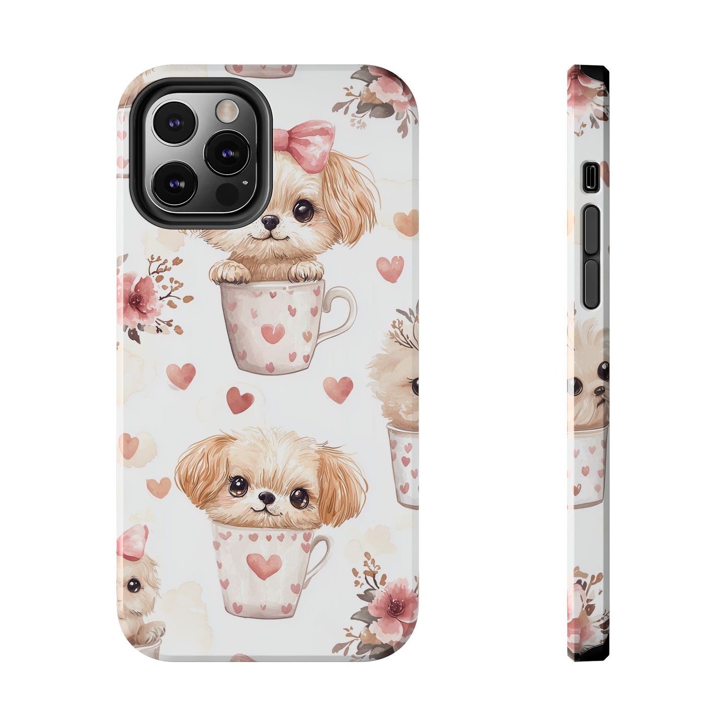 Cute Puppies in Heart Mugs iPhone Case – Adorable Dog & Floral Design, Shockproof & Slim - BOGO Cases