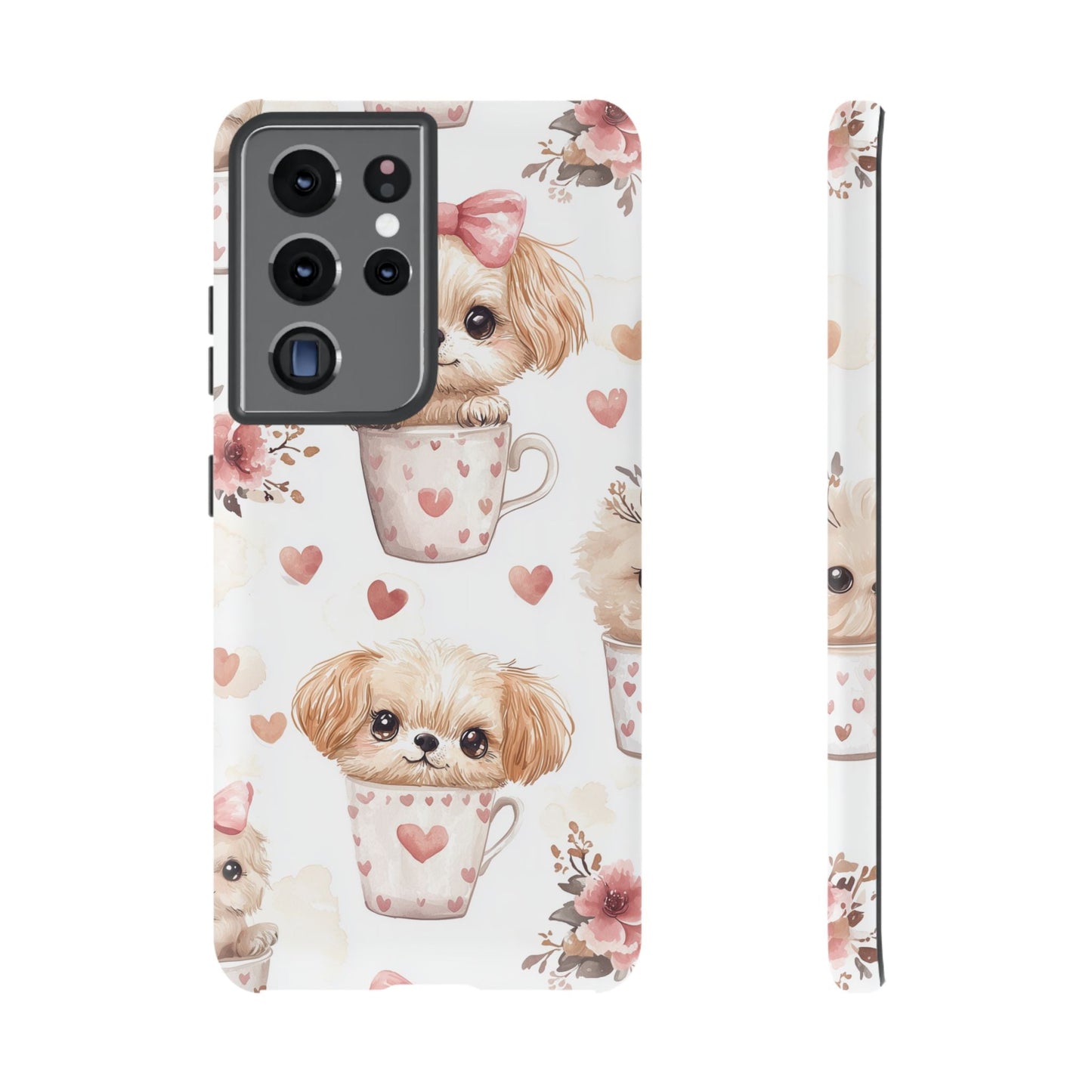 Cute Puppies in Heart Mugs Samsung Galaxy Case – Adorable Dog & Floral Design, Shockproof & Slim - BOGO Cases