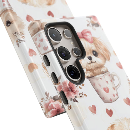 Cute Puppies in Heart Mugs Samsung Galaxy Case – Adorable Dog & Floral Design, Shockproof & Slim - BOGO Cases