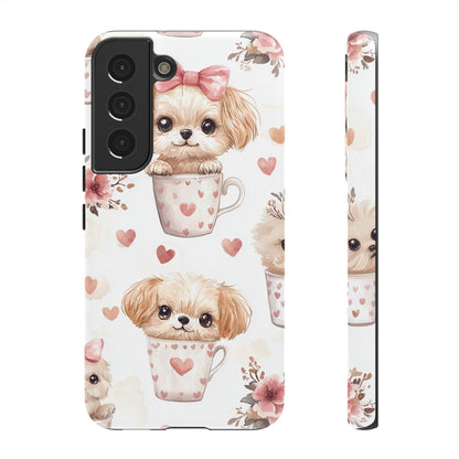 Cute Puppies in Heart Mugs Samsung Galaxy Case – Adorable Dog & Floral Design, Shockproof & Slim - BOGO Cases