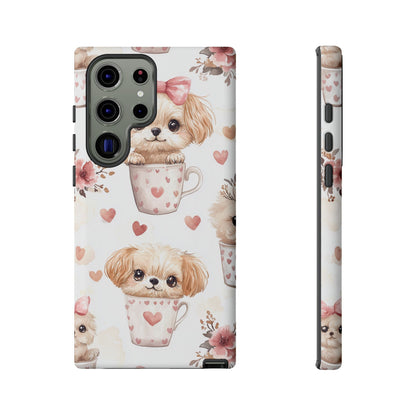 Cute Puppies in Heart Mugs Samsung Galaxy Case – Adorable Dog & Floral Design, Shockproof & Slim - BOGO Cases