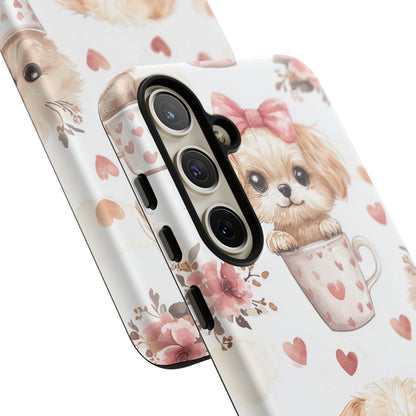 Cute Puppies in Heart Mugs Samsung Galaxy Case – Adorable Dog & Floral Design, Shockproof & Slim - BOGO Cases