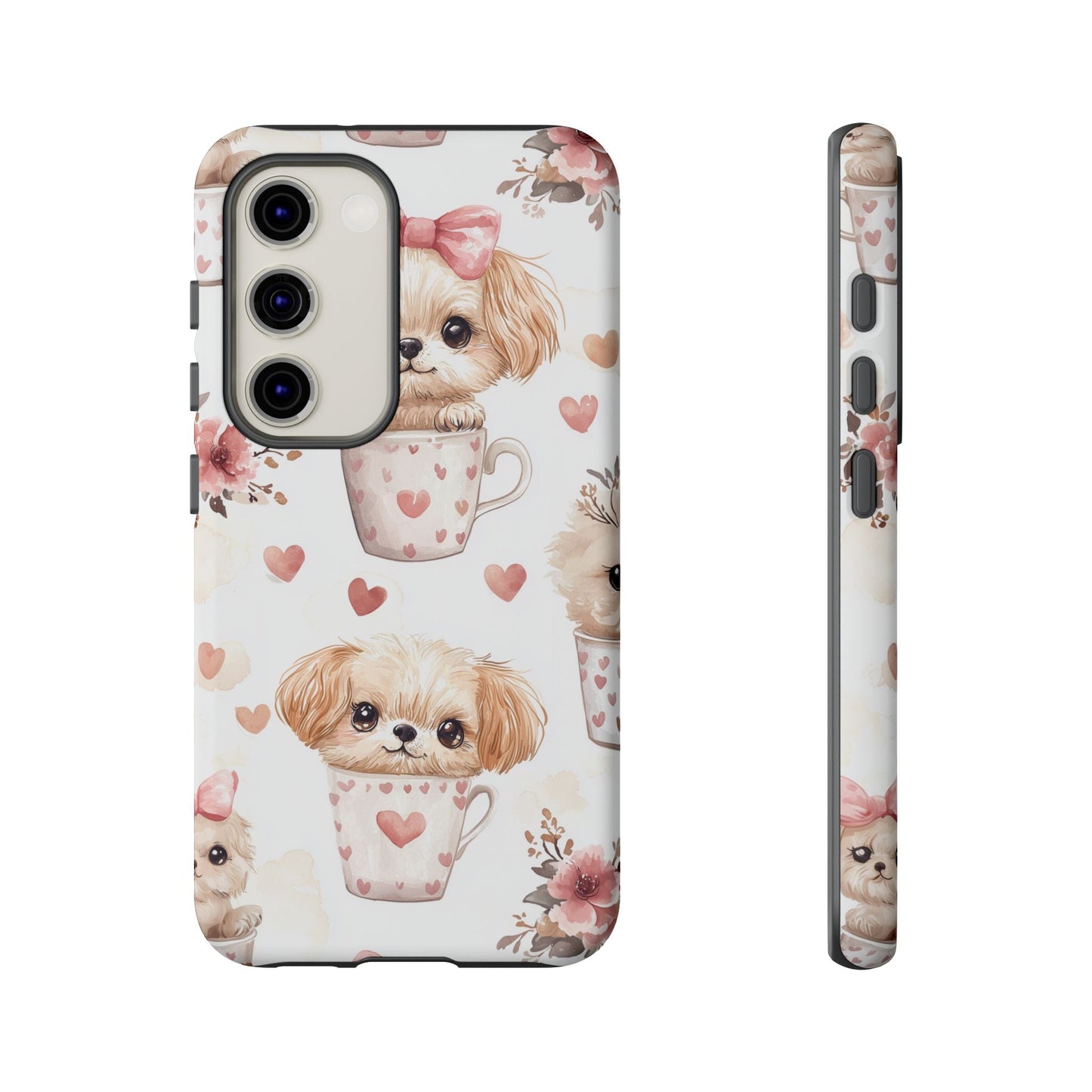 Cute Puppies in Heart Mugs Samsung Galaxy Case – Adorable Dog & Floral Design, Shockproof & Slim - BOGO Cases