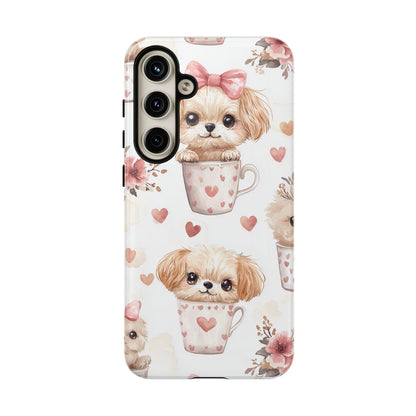 Cute Puppies in Heart Mugs Samsung Galaxy Case – Adorable Dog & Floral Design, Shockproof & Slim - BOGO Cases