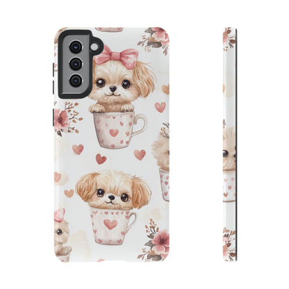 Cute Puppies in Heart Mugs Samsung Galaxy Case – Adorable Dog & Floral Design, Shockproof & Slim - BOGO Cases