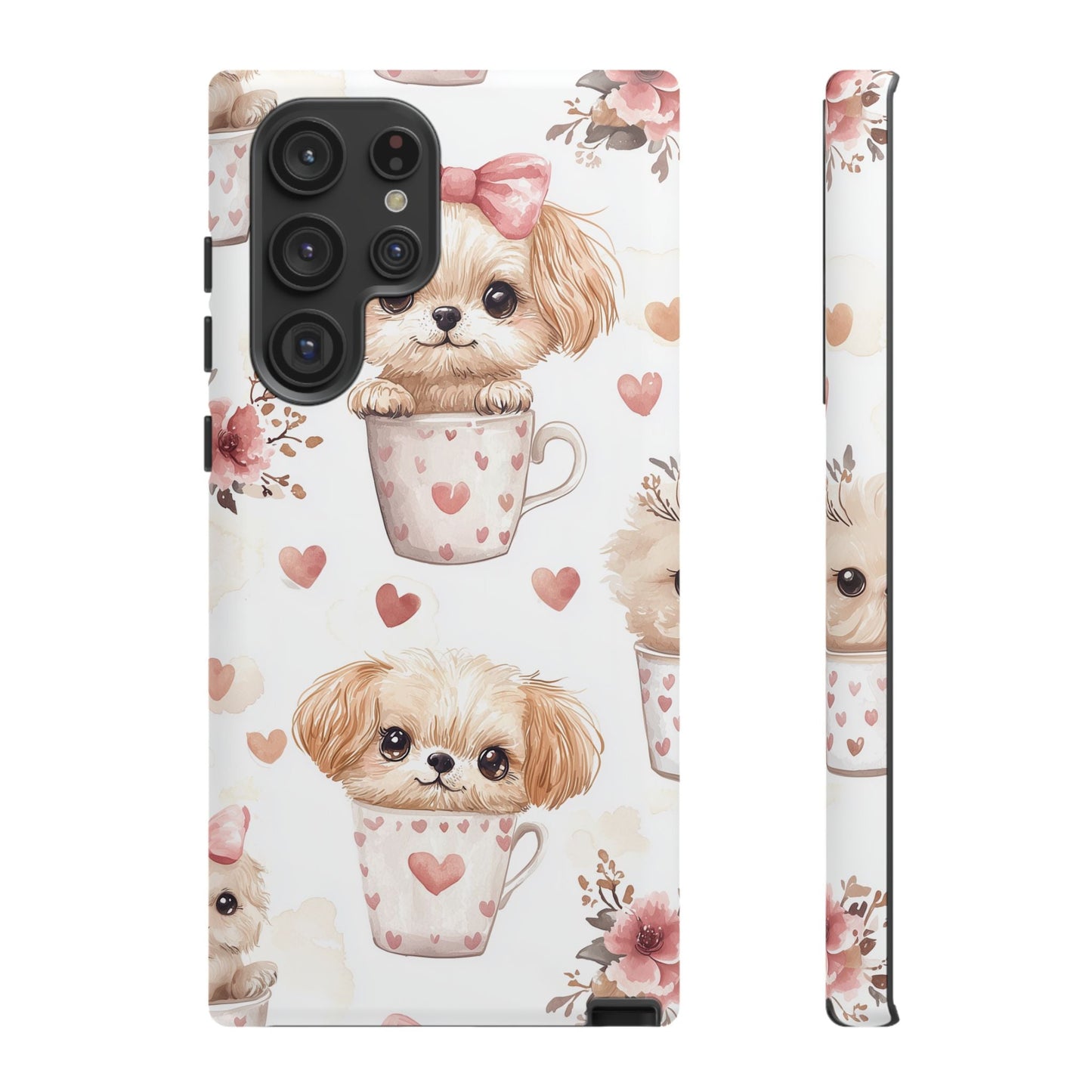 Cute Puppies in Heart Mugs Samsung Galaxy Case – Adorable Dog & Floral Design, Shockproof & Slim - BOGO Cases