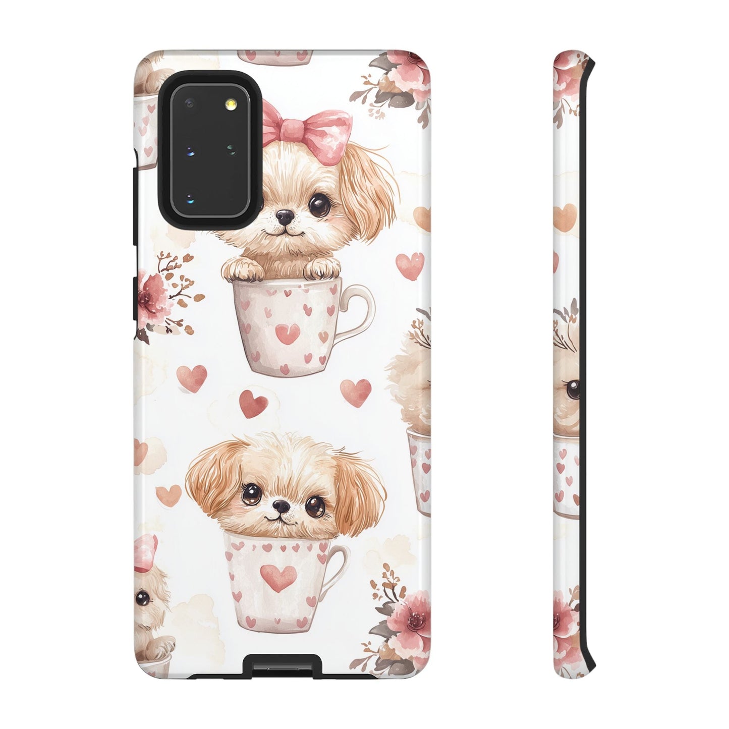 Cute Puppies in Heart Mugs Samsung Galaxy Case – Adorable Dog & Floral Design, Shockproof & Slim - BOGO Cases