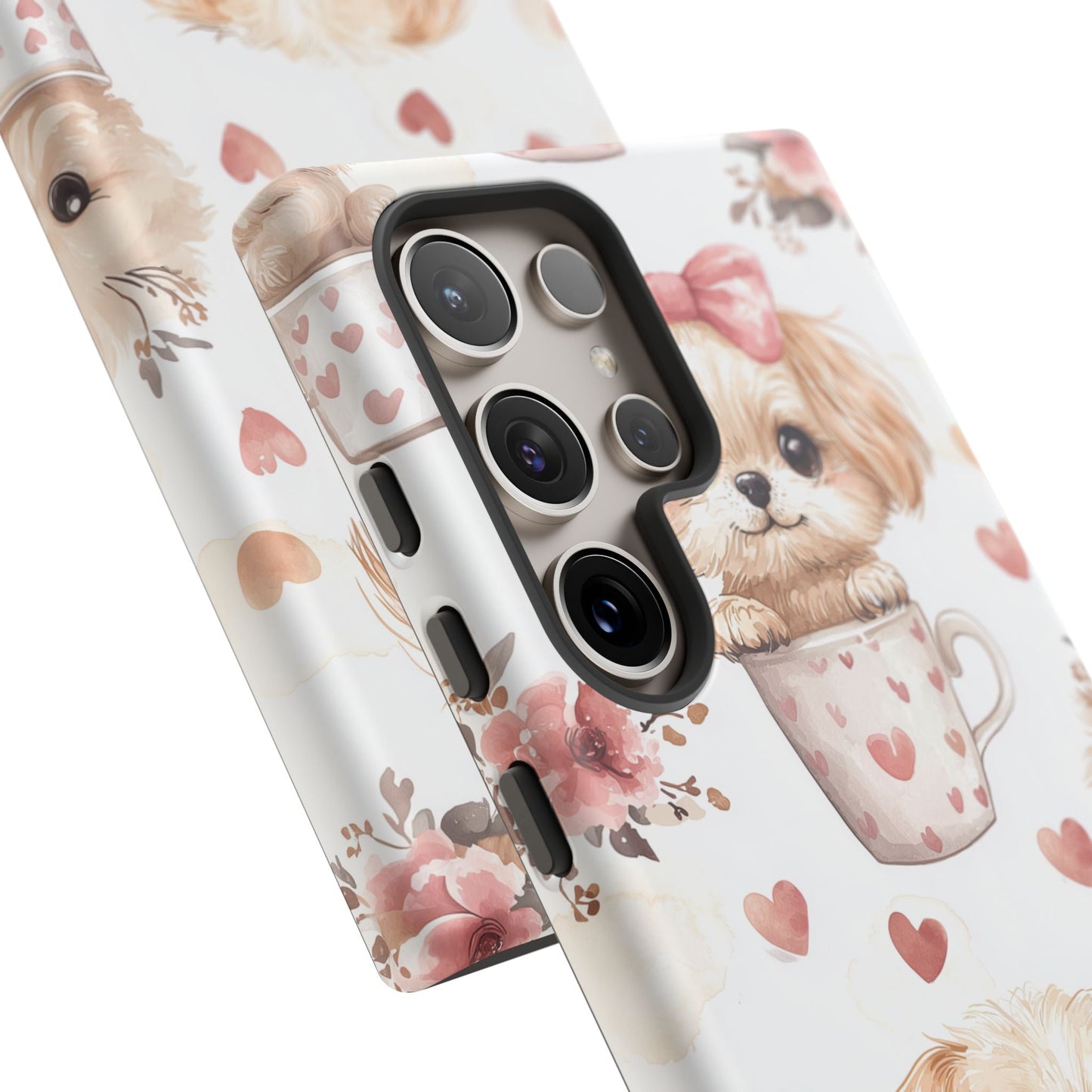 Cute Puppies in Heart Mugs Samsung Galaxy Case – Adorable Dog & Floral Design, Shockproof & Slim - BOGO Cases