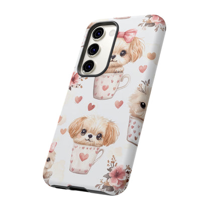 Cute Puppies in Heart Mugs Samsung Galaxy Case – Adorable Dog & Floral Design, Shockproof & Slim - BOGO Cases