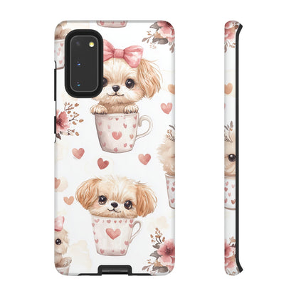 Cute Puppies in Heart Mugs Samsung Galaxy Case – Adorable Dog & Floral Design, Shockproof & Slim - BOGO Cases