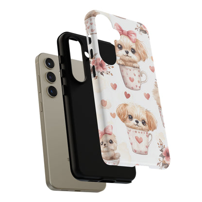 Cute Puppies in Heart Mugs Samsung Galaxy Case – Adorable Dog & Floral Design, Shockproof & Slim - BOGO Cases