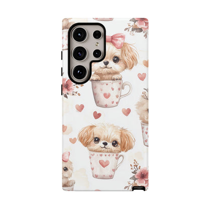 Cute Puppies in Heart Mugs Samsung Galaxy Case – Adorable Dog & Floral Design, Shockproof & Slim - BOGO Cases