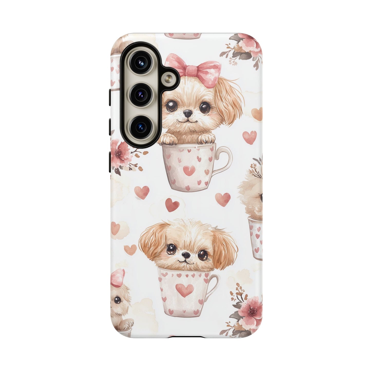 Cute Puppies in Heart Mugs Samsung Galaxy Case – Adorable Dog & Floral Design, Shockproof & Slim - BOGO Cases