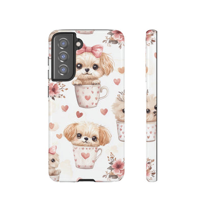 Cute Puppies in Heart Mugs Samsung Galaxy Case – Adorable Dog & Floral Design, Shockproof & Slim - BOGO Cases