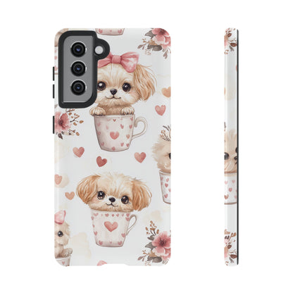 Cute Puppies in Heart Mugs Samsung Galaxy Case – Adorable Dog & Floral Design, Shockproof & Slim - BOGO Cases