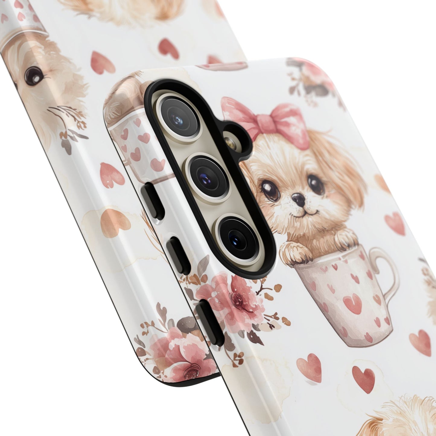 Cute Puppies in Heart Mugs Samsung Galaxy Case – Adorable Dog & Floral Design, Shockproof & Slim - BOGO Cases