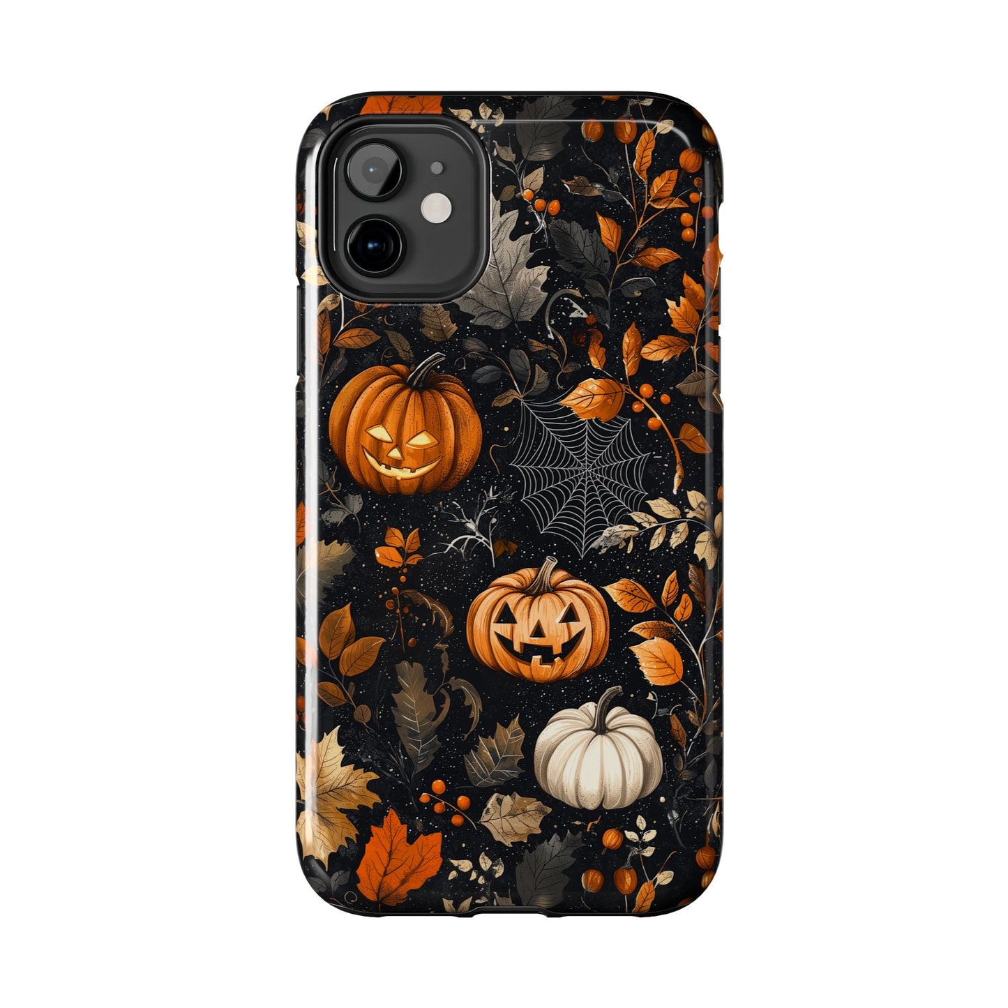 Elegant Halloween iPhone Case – Pumpkin Jack - o' - Lanterns, Cobwebs & Autumn Foliage Design - BOGO Cases