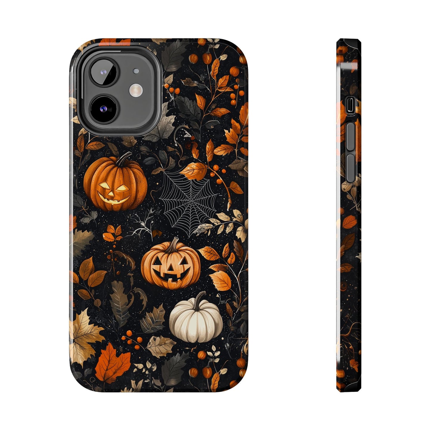 Elegant Halloween iPhone Case – Pumpkin Jack - o' - Lanterns, Cobwebs & Autumn Foliage Design - BOGO Cases