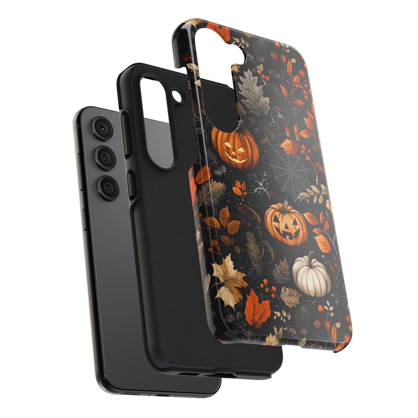 Elegant Halloween Samsung Galaxy Case – Pumpkin Jack - o' - Lanterns, Cobwebs & Autumn Foliage Design - BOGO Cases