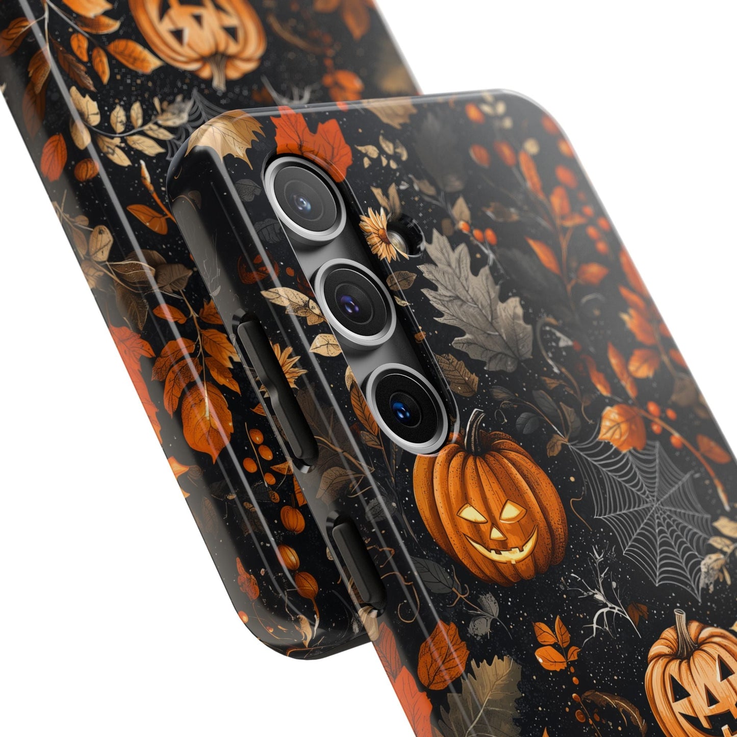 Elegant Halloween Samsung Galaxy Case – Pumpkin Jack - o' - Lanterns, Cobwebs & Autumn Foliage Design - BOGO Cases