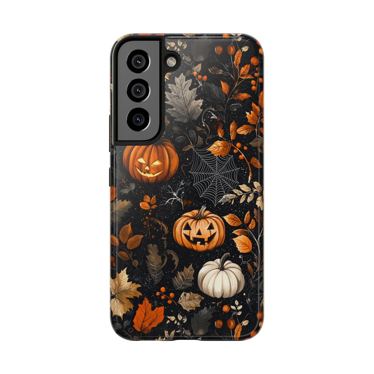 Elegant Halloween Samsung Galaxy Case – Pumpkin Jack - o' - Lanterns, Cobwebs & Autumn Foliage Design - BOGO Cases