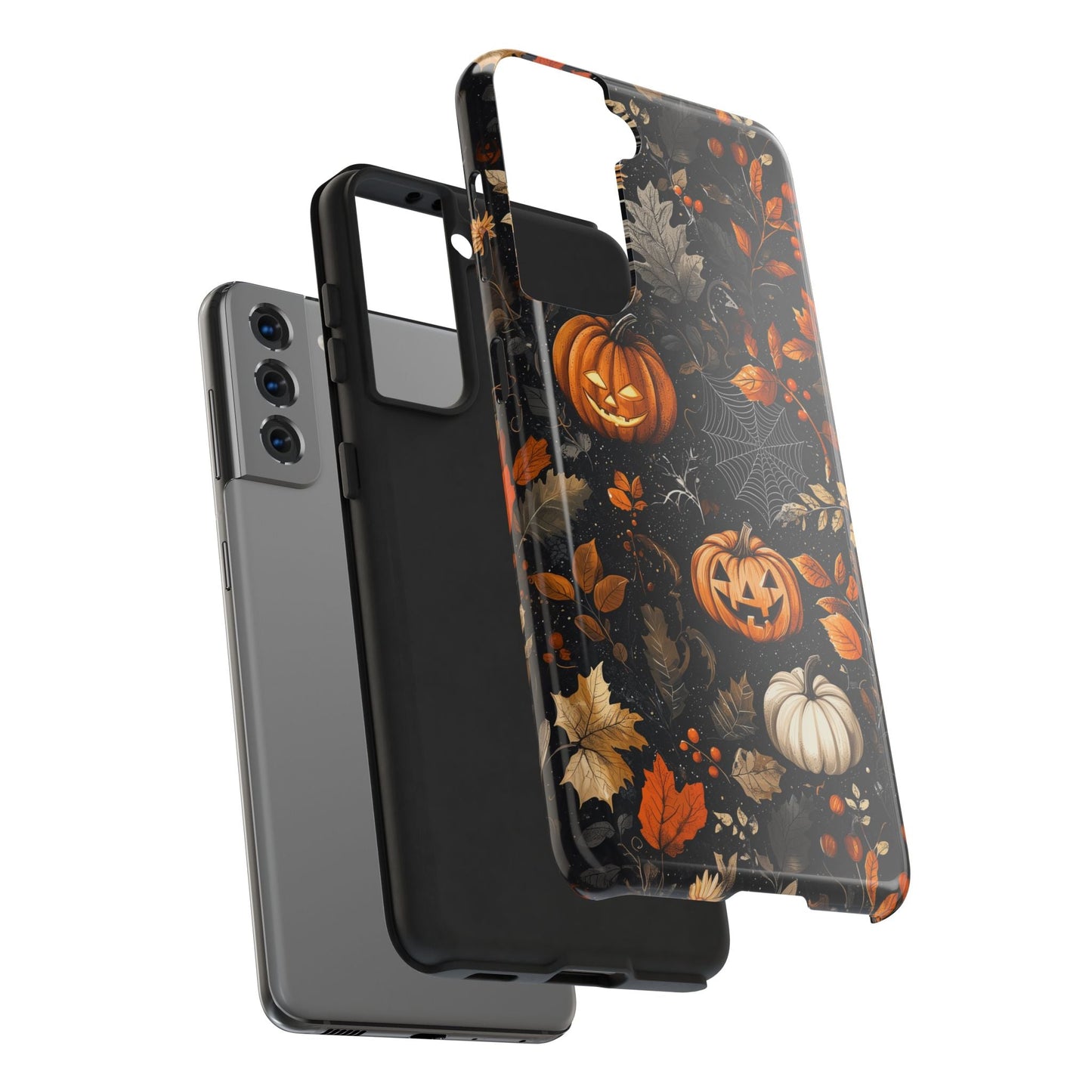 Elegant Halloween Samsung Galaxy Case – Pumpkin Jack - o' - Lanterns, Cobwebs & Autumn Foliage Design - BOGO Cases