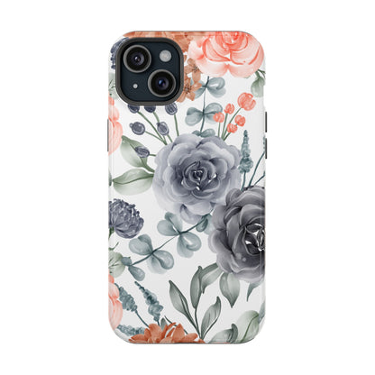 Elegant Watercolor Floral MagSafe iPhone Case – Gray & Peach Botanical Design - BOGO Cases