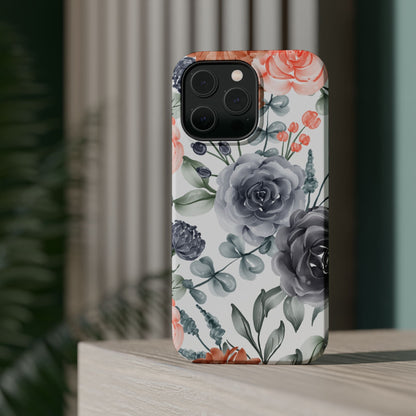 Elegant Watercolor Floral MagSafe iPhone Case – Gray & Peach Botanical Design - BOGO Cases