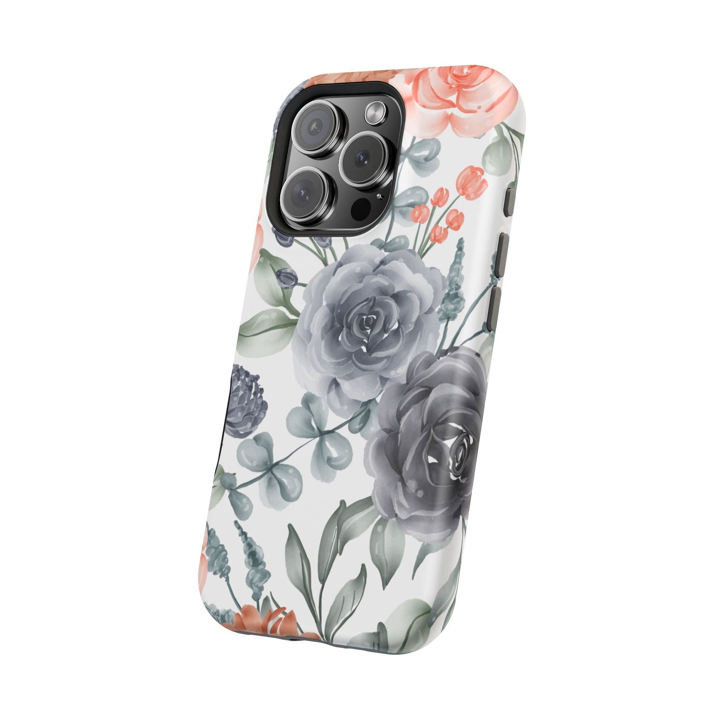 Elegant Watercolor Floral MagSafe iPhone Case – Gray & Peach Botanical Design - BOGO Cases