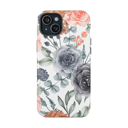 Elegant Watercolor Floral MagSafe iPhone Case – Gray & Peach Botanical Design - BOGO Cases