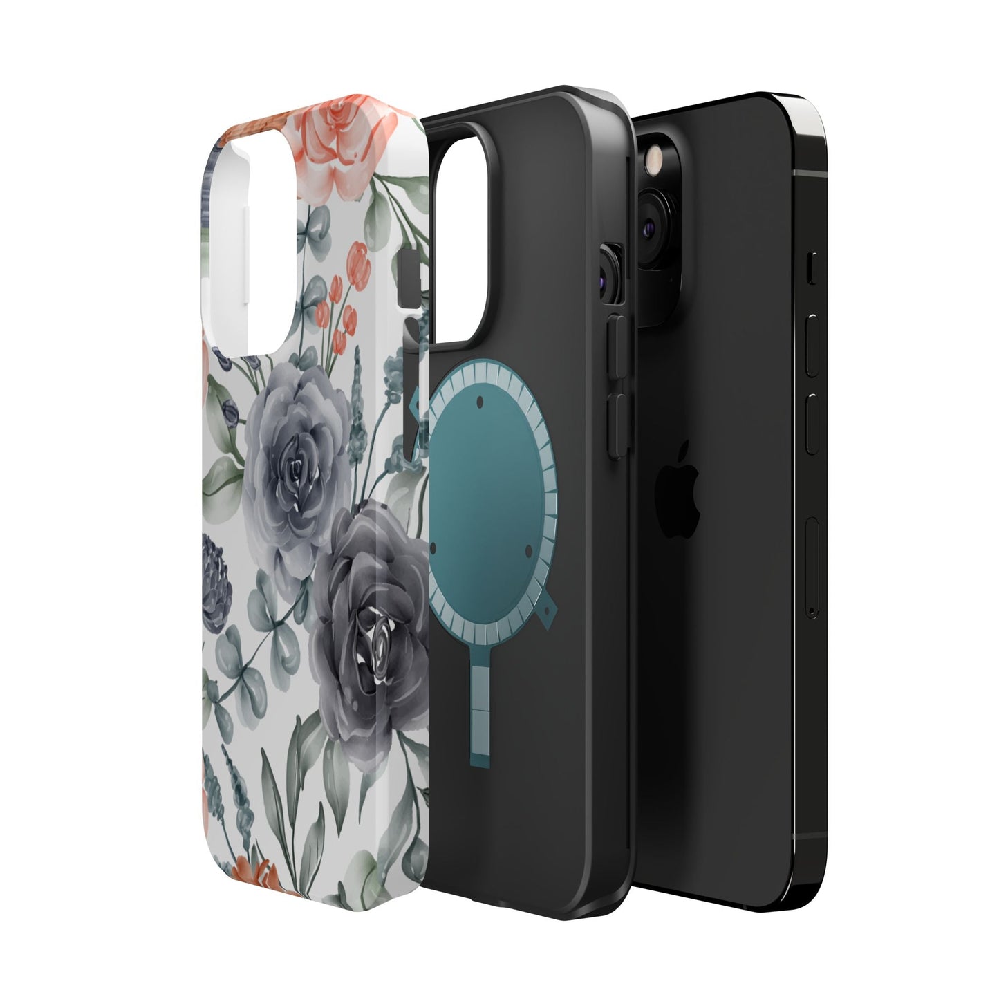 Elegant Watercolor Floral MagSafe iPhone Case – Gray & Peach Botanical Design - BOGO Cases