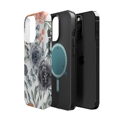 Elegant Watercolor Floral MagSafe iPhone Case – Gray & Peach Botanical Design - BOGO Cases