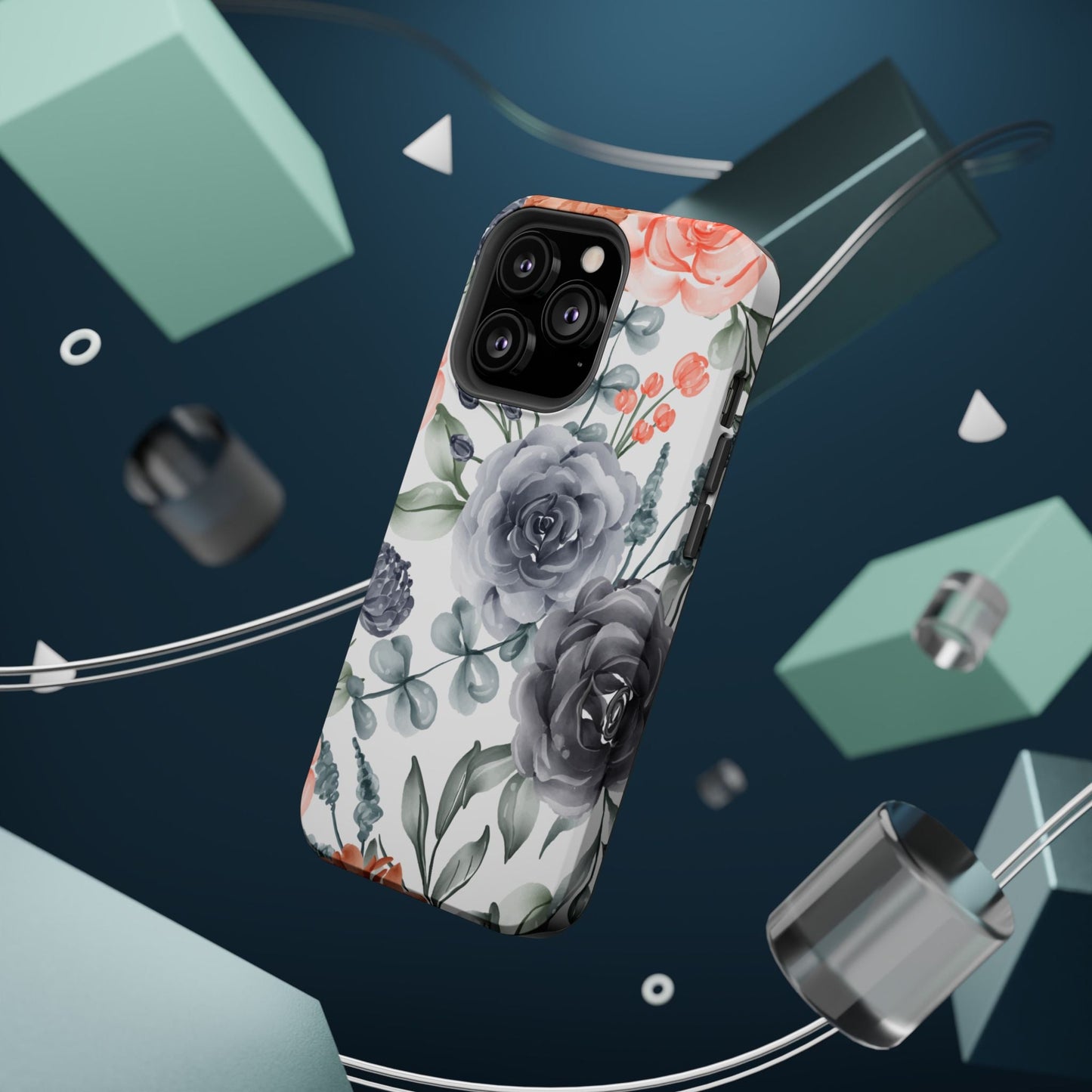 Elegant Watercolor Floral MagSafe iPhone Case – Gray & Peach Botanical Design - BOGO Cases