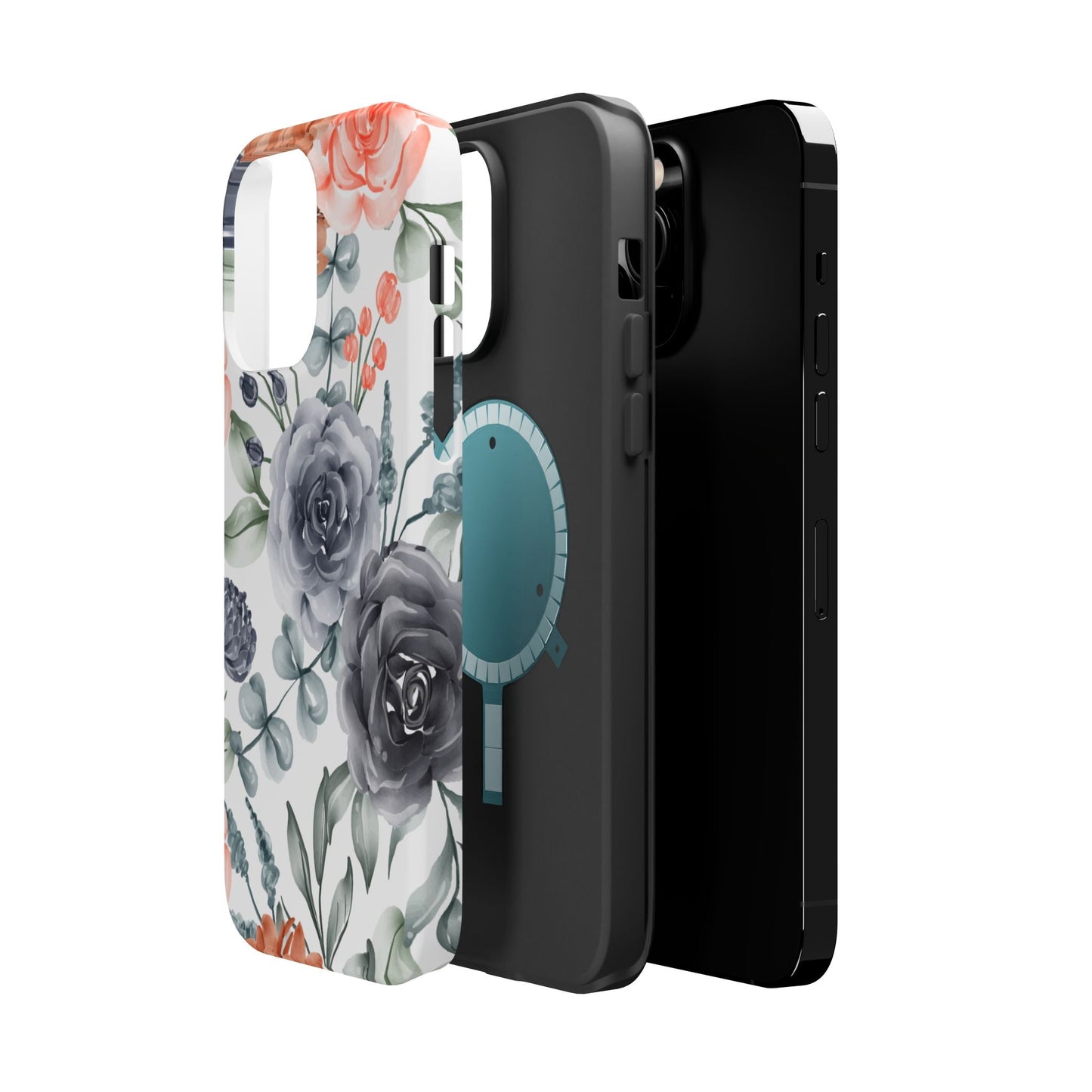 Elegant Watercolor Floral MagSafe iPhone Case – Gray & Peach Botanical Design - BOGO Cases