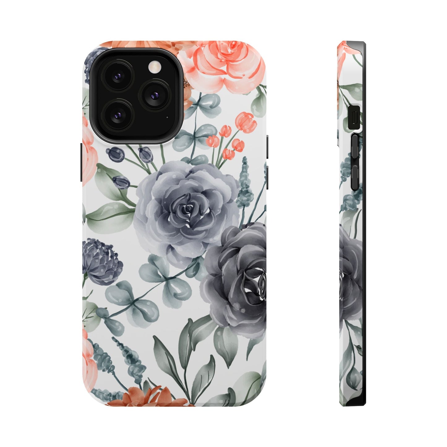 Elegant Watercolor Floral MagSafe iPhone Case – Gray & Peach Botanical Design - BOGO Cases