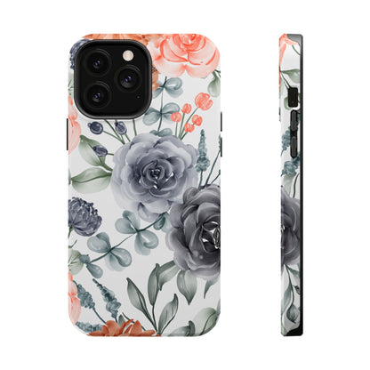 Elegant Watercolor Floral MagSafe iPhone Case – Gray & Peach Botanical Design - BOGO Cases