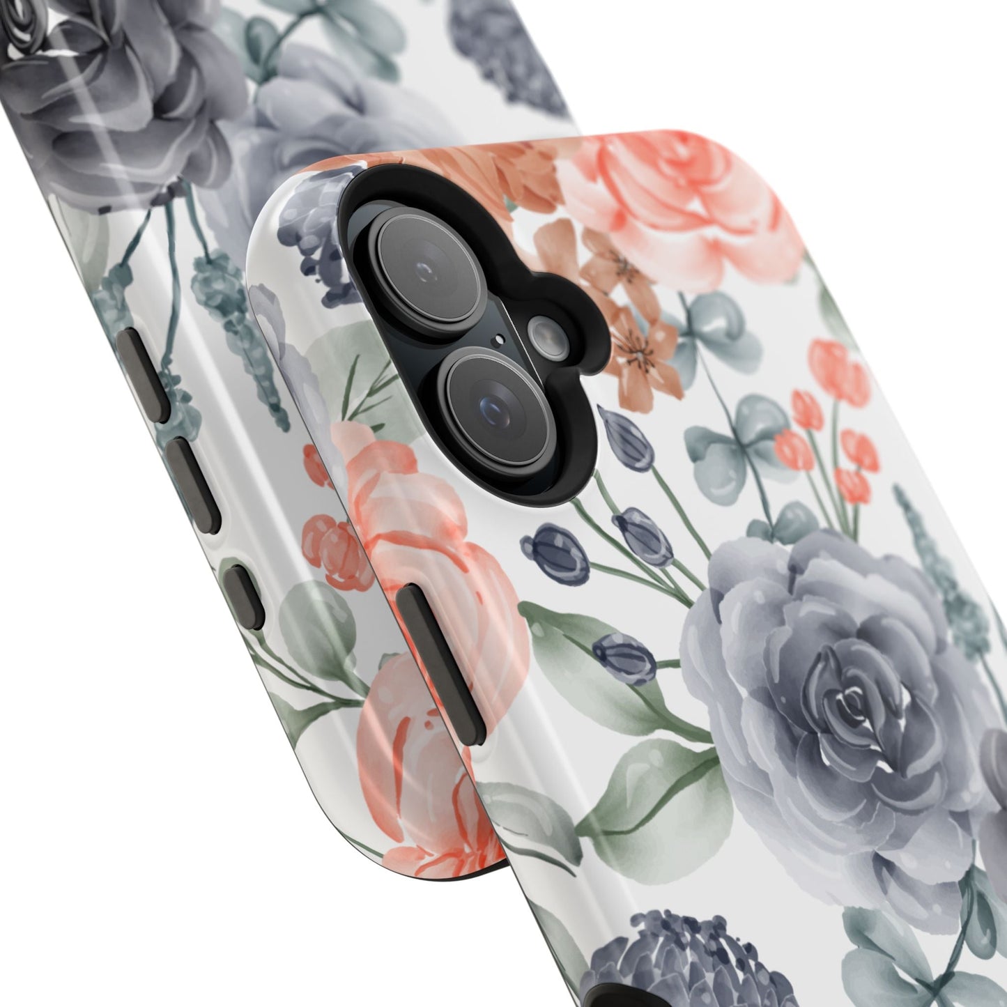 Elegant Watercolor Floral MagSafe iPhone Case – Gray & Peach Botanical Design - BOGO Cases