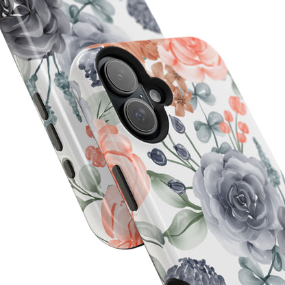 Elegant Watercolor Floral MagSafe iPhone Case – Gray & Peach Botanical Design - BOGO Cases