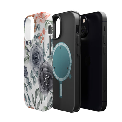 Elegant Watercolor Floral MagSafe iPhone Case – Gray & Peach Botanical Design - BOGO Cases