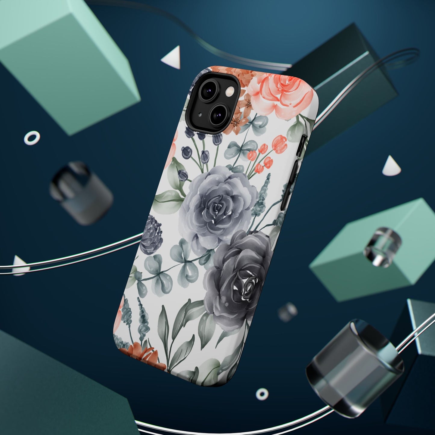 Elegant Watercolor Floral MagSafe iPhone Case – Gray & Peach Botanical Design - BOGO Cases