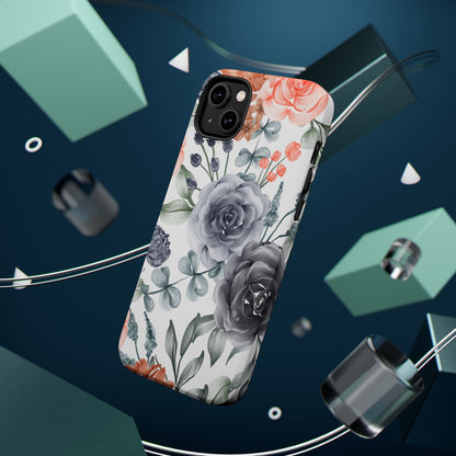 Elegant Watercolor Floral MagSafe iPhone Case – Gray & Peach Botanical Design - BOGO Cases