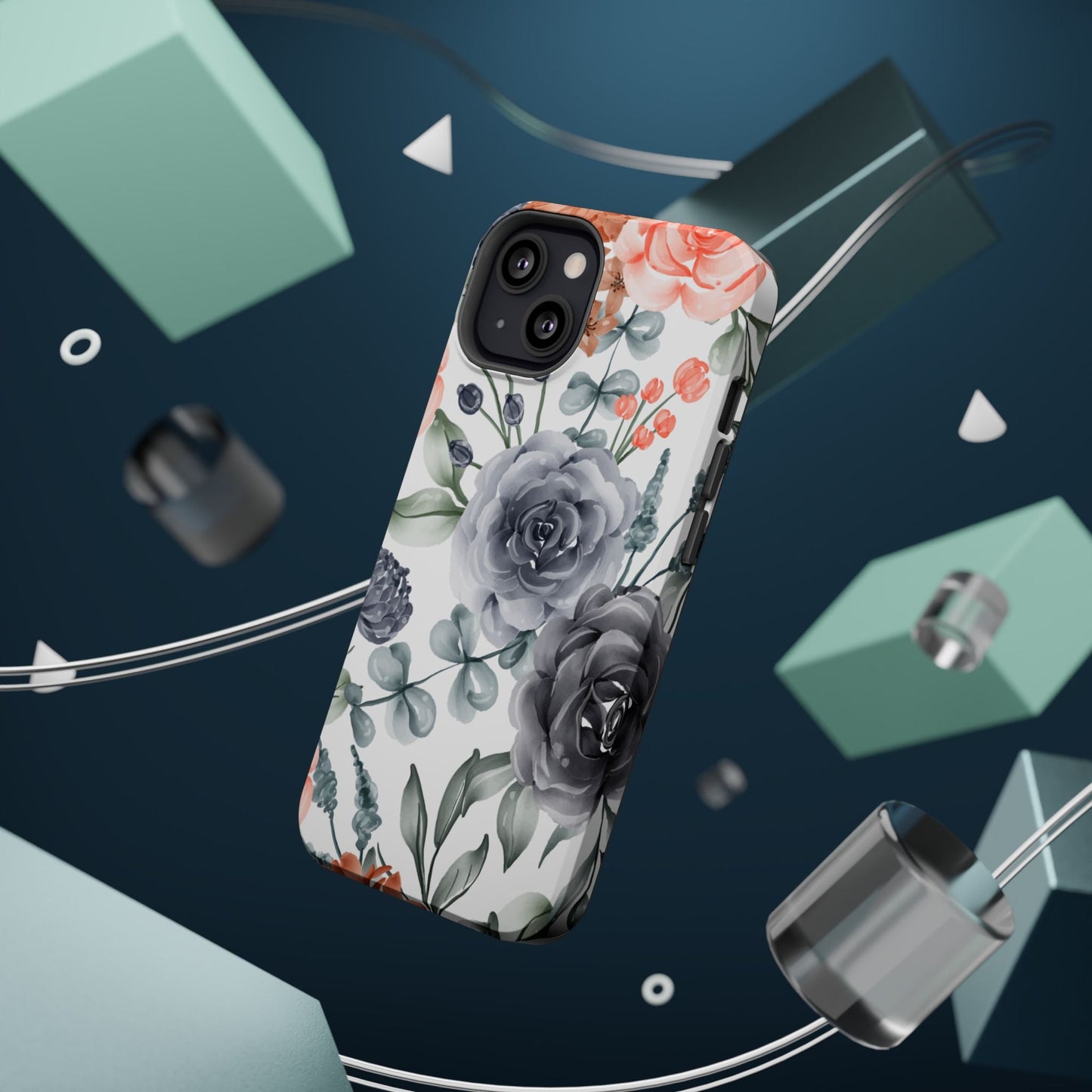 Elegant Watercolor Floral MagSafe iPhone Case – Gray & Peach Botanical Design - BOGO Cases