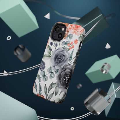 Elegant Watercolor Floral MagSafe iPhone Case – Gray & Peach Botanical Design - BOGO Cases