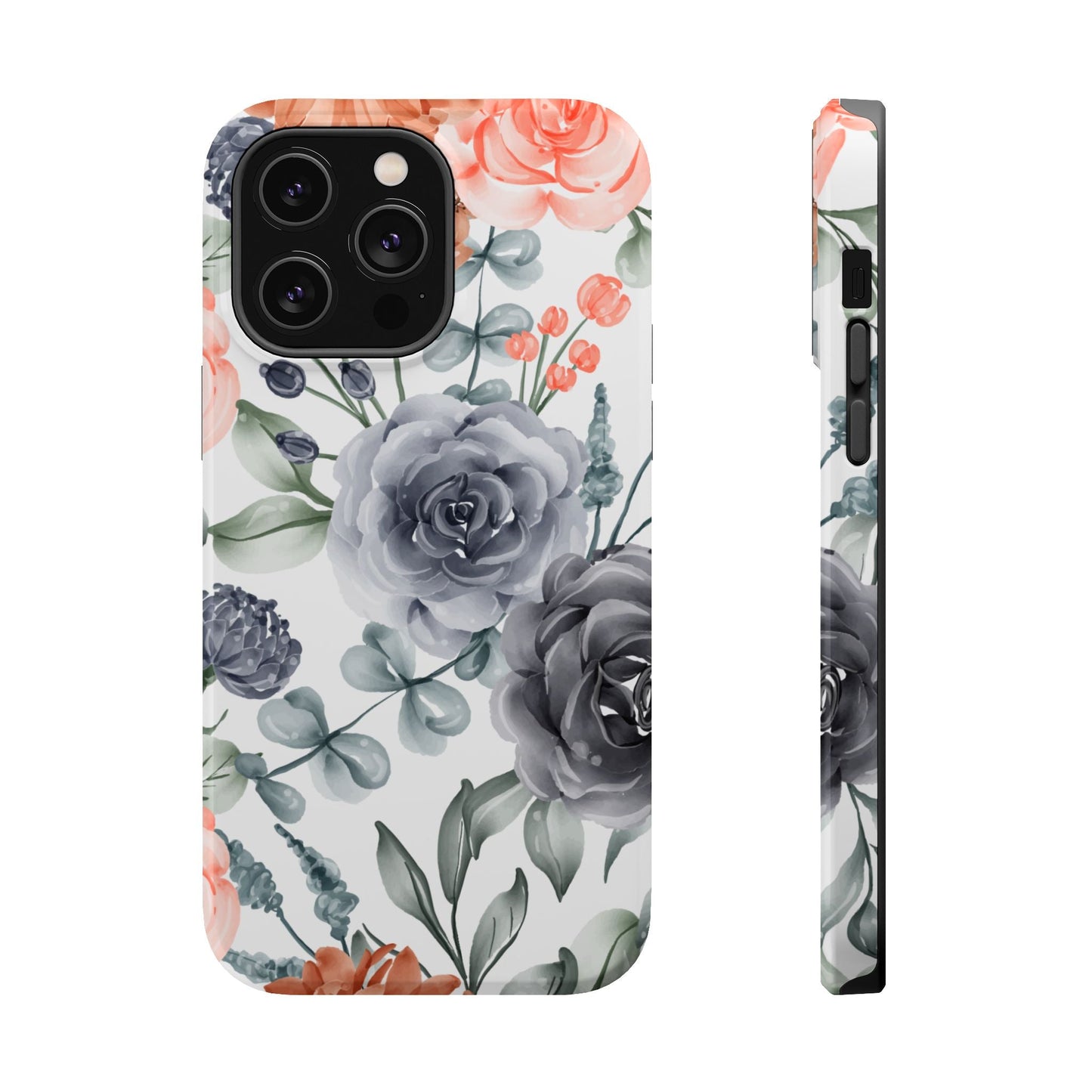 Elegant Watercolor Floral MagSafe iPhone Case – Gray & Peach Botanical Design - BOGO Cases