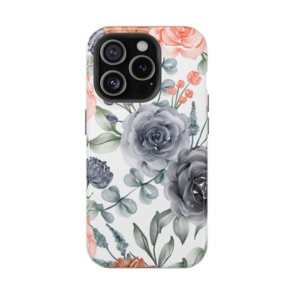 Elegant Watercolor Floral MagSafe iPhone Case – Gray & Peach Botanical Design - BOGO Cases
