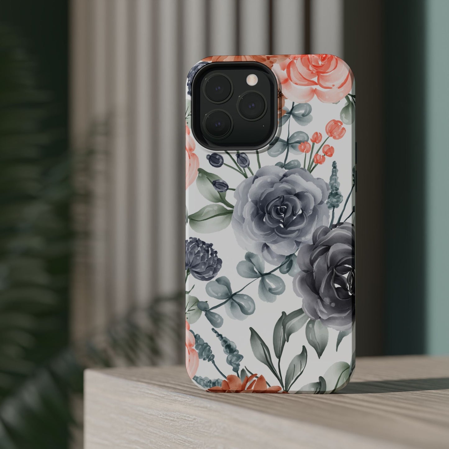 Elegant Watercolor Floral MagSafe iPhone Case – Gray & Peach Botanical Design - BOGO Cases