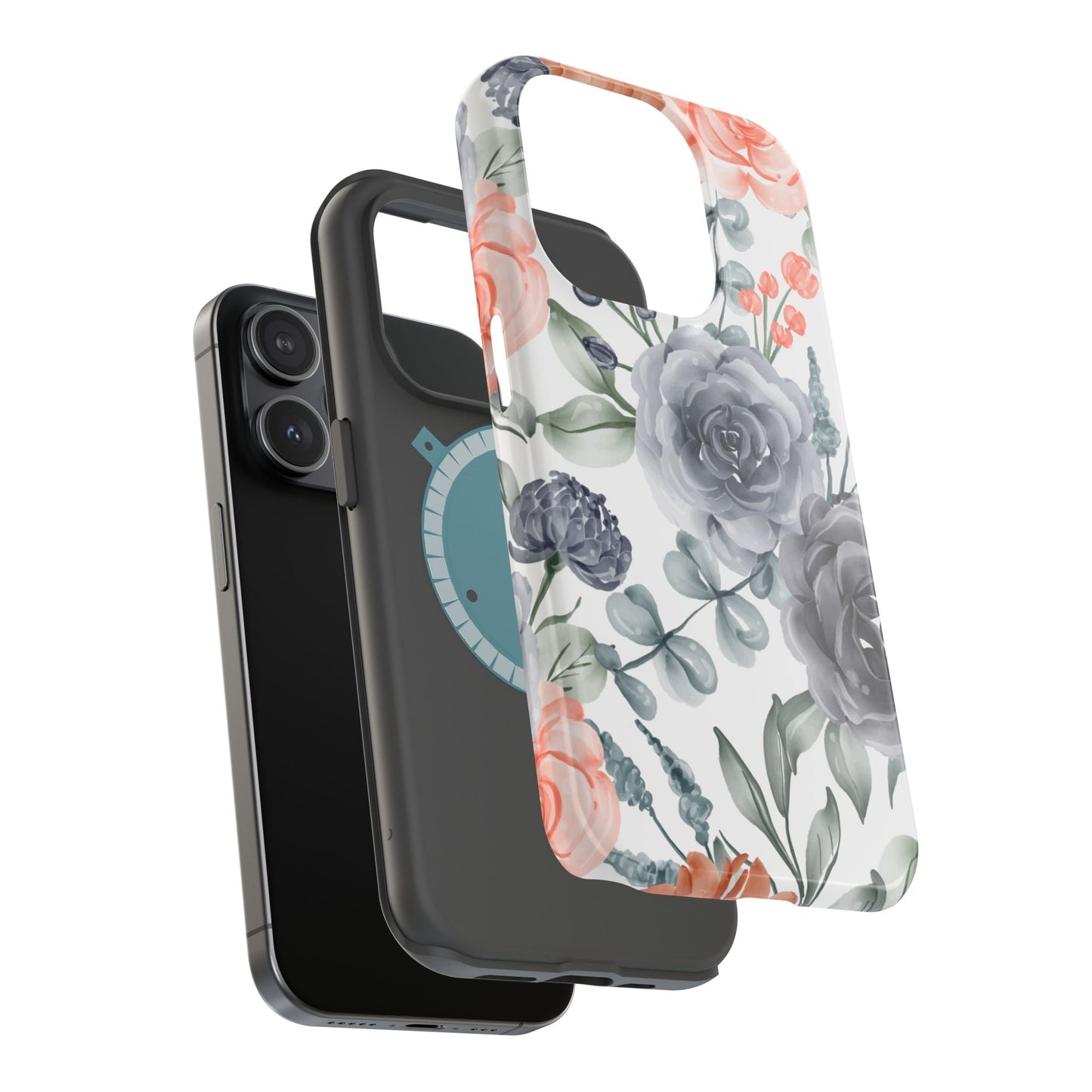 Elegant Watercolor Floral MagSafe iPhone Case – Gray & Peach Botanical Design - BOGO Cases