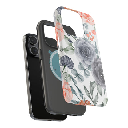 Elegant Watercolor Floral MagSafe iPhone Case – Gray & Peach Botanical Design - BOGO Cases