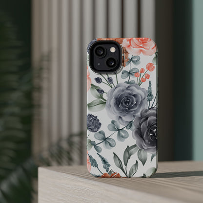 Elegant Watercolor Floral MagSafe iPhone Case – Gray & Peach Botanical Design - BOGO Cases