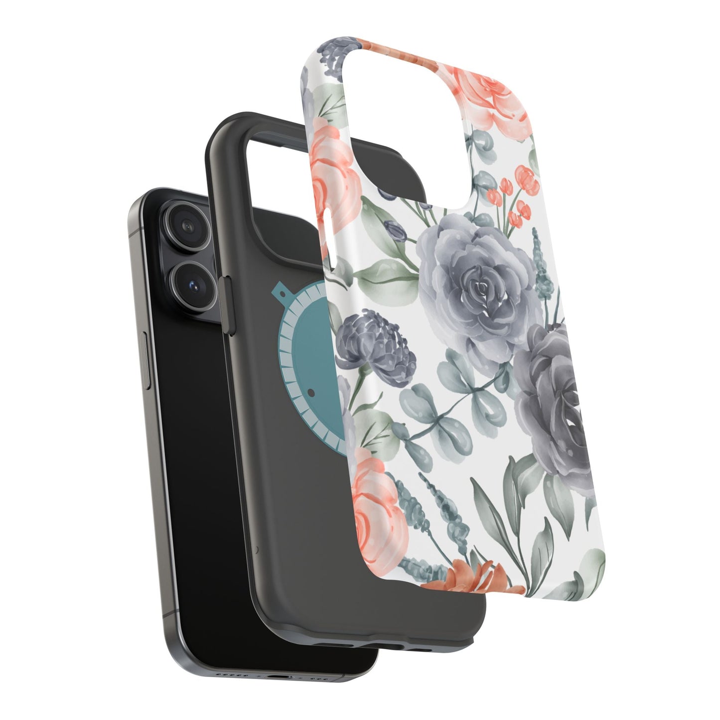 Elegant Watercolor Floral MagSafe iPhone Case – Gray & Peach Botanical Design - BOGO Cases